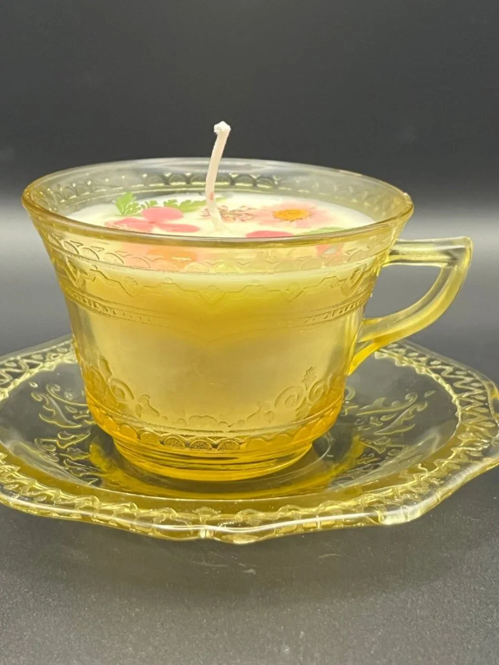 Amber Floral Depression Glass Teacup Candle
